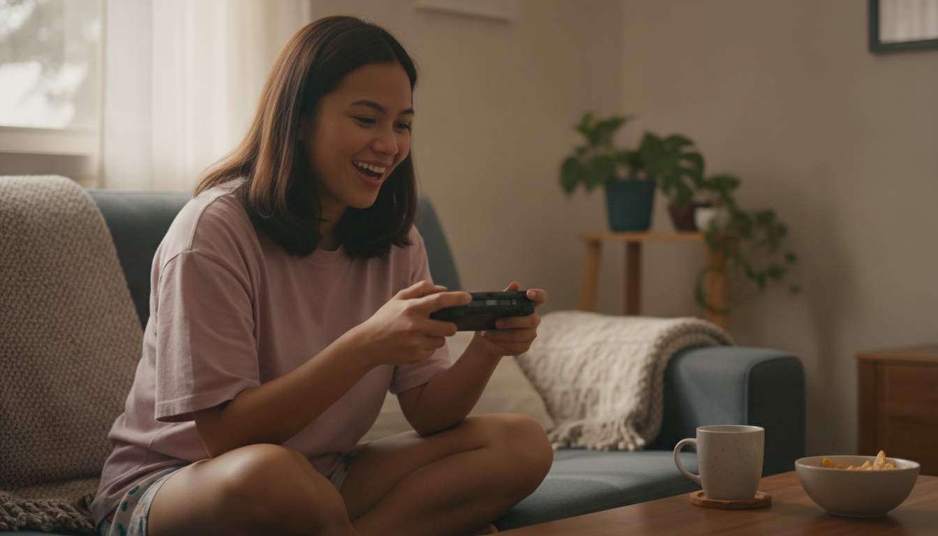 Excited woman enjoying online gaming