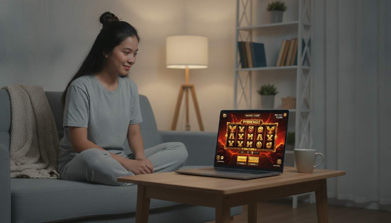 A user navigating the PYROEAGLE slots interface